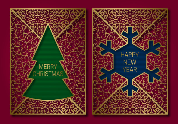新年或圣诞贺卡封面模板与圣诞树和雪花框架。图片下载