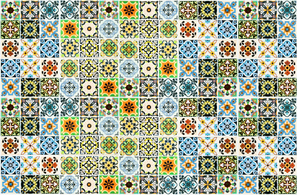 色彩缤纷的复古瓷砖墙面装饰。土耳其瓷砖墙面背景图片下载