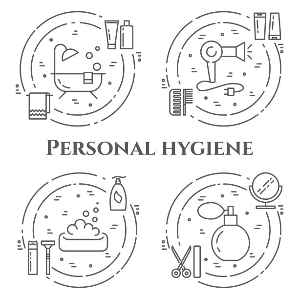 个人卫生线横幅。套元素的淋浴，肥皂，浴室，马桶，牙刷和其他清洁象形图。概念为网站，卡片，信息图表，广告。图片下载