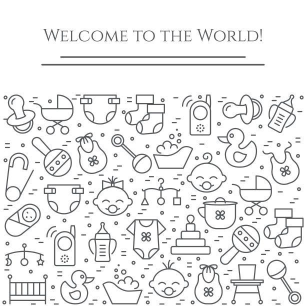 宝宝主题横横幅。婴儿、婴儿车、婴儿床、移动、玩具、拨号器、奶瓶、尿布、浴缸、布、围嘴等与新生儿相关的象形文字。行了符号图片下载