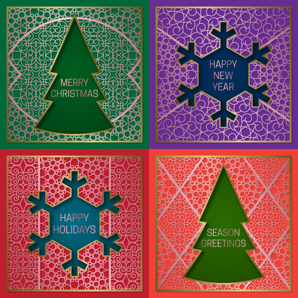 冬季贺卡封套。金黄色的背景与框架在圣诞树和新年雪花形状。图片下载