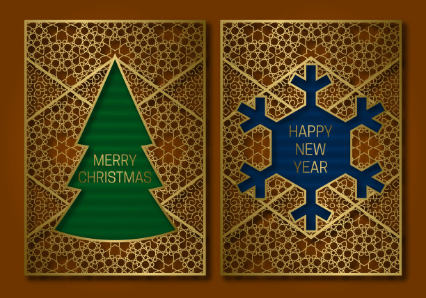 新年或圣诞贺卡封面模板与圣诞树和雪花框架。图片下载