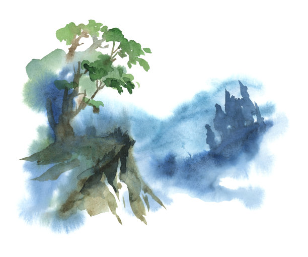 水彩插图孤立的白色背景。在湿的画。雾中的蓝色森林。素材图片