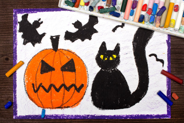 万圣节画:黑猫、坏南瓜、飞蝙蝠图片下载