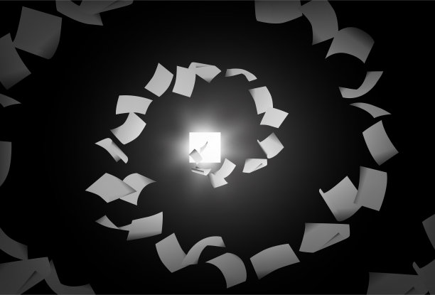 在黑暗的房间里，矢量纸呈螺旋状落下，背景是白色的亮窗图片下载