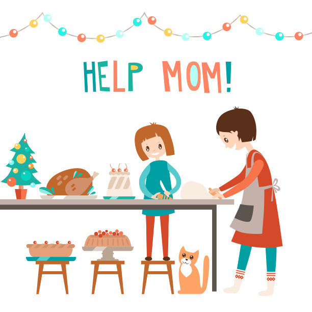 妈妈和女儿一起在厨房烹饪圣诞大餐图片下载