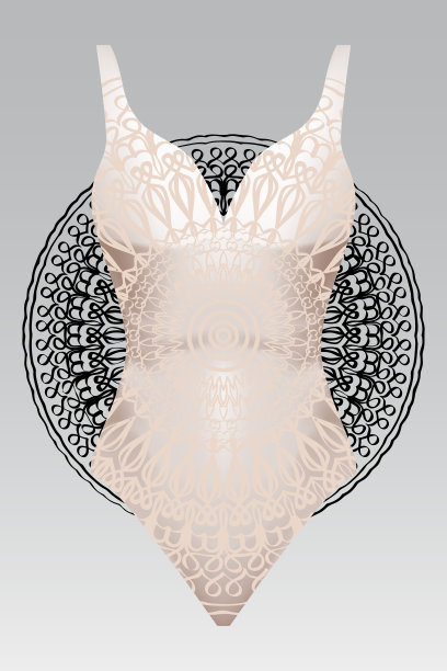 夏日游泳衣配以现代设计的米色曼陀罗点缀。时尚矢量插图。夏季设计布料。曼荼罗黑色背景层图片下载