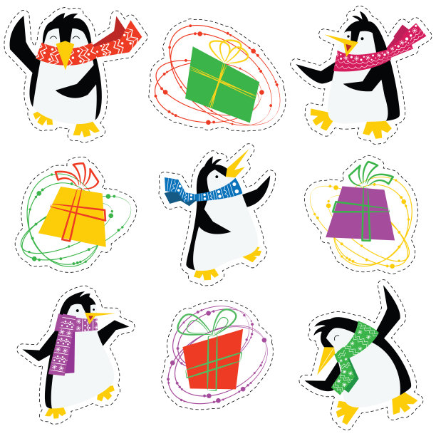 跳舞的圣诞企鹅在一个明亮的围巾和彩色的礼品盒贴纸集。素材图片