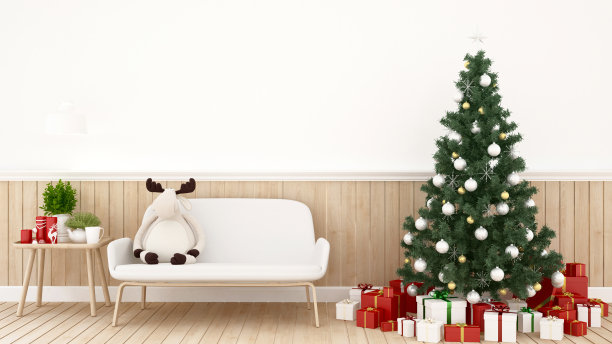 沙发上的驯鹿娃娃和圣诞树，客厅里的礼物-圣诞节的艺术品- 3D渲染图片下载