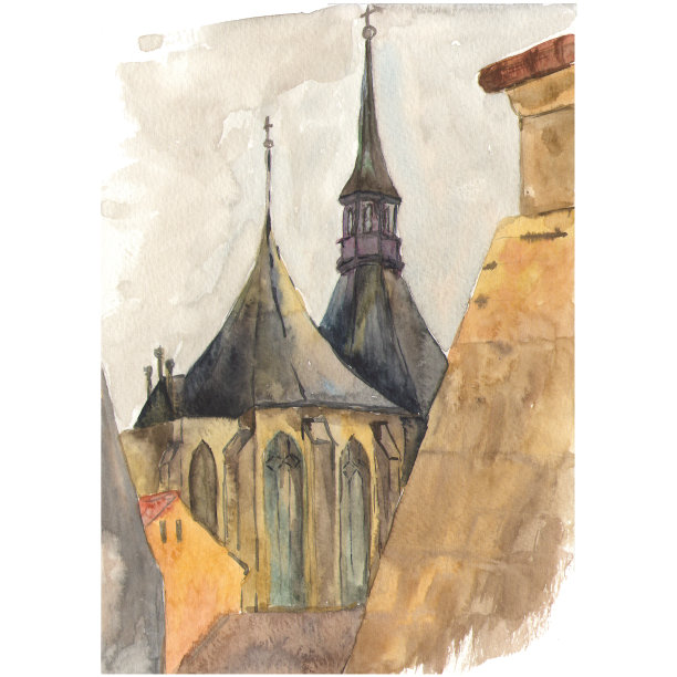 水彩手绘捷克共和国劳尼大教堂素材图片