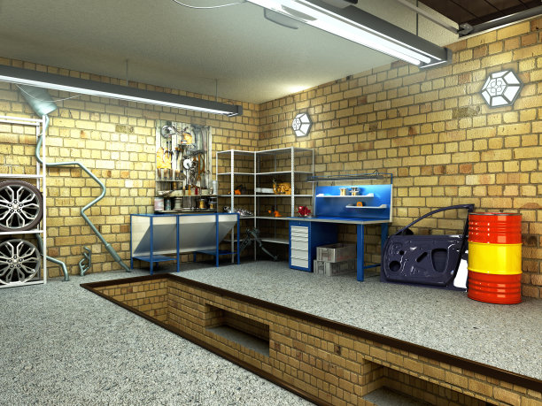 车库3D室内视图与打开的卷帘门3D渲染图片下载