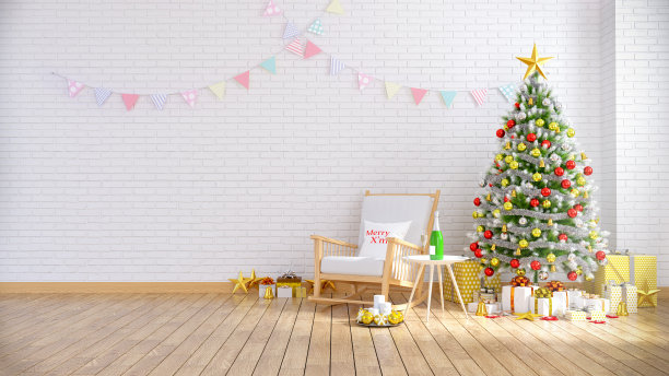 现代和阁楼的客厅内部，木质摇椅与圣诞树在白色砖墙和木地板，在家里为节日，3d渲染图片下载