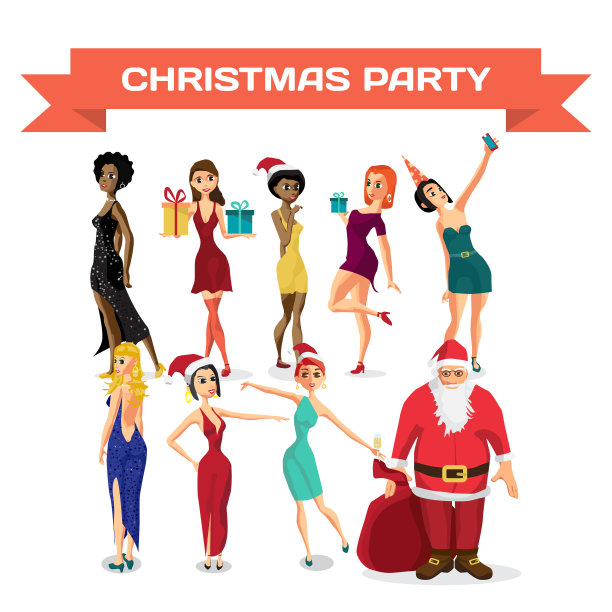 年轻女子穿着盛装和圣诞老人参加圣诞晚会图片下载