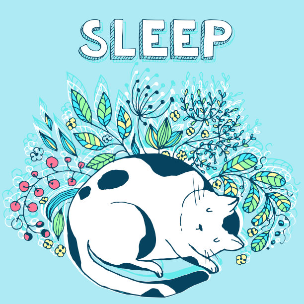 可爱的猫睡在草地和花-矢量手绘插图图片下载