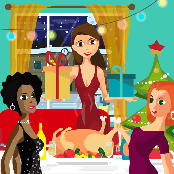 在家聚会新年或圣诞节。宴请宾客，赠送礼物图片下载