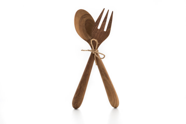 勺子和叉木孤立的白色背景图片下载