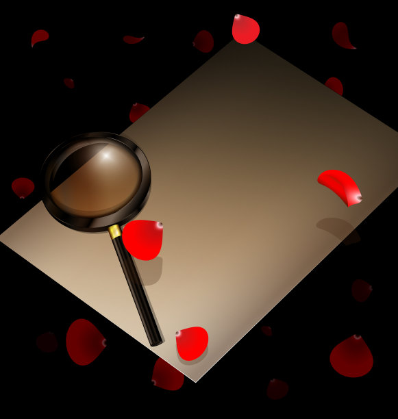 旧纸，放大镜和红色花瓣图片下载
