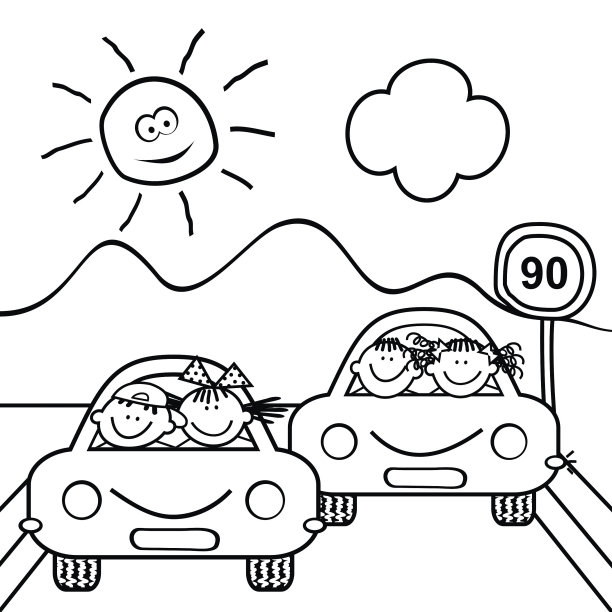 孩子们在车里，涂色书图片下载