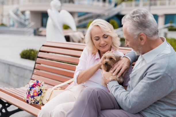 一对老夫妇带着她的小狗在广场上散步。他们正在抱一只小狗图片下载