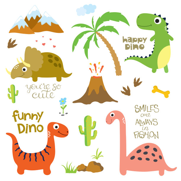 恐龙足迹、火山、棕榈树等设计元素图片下载