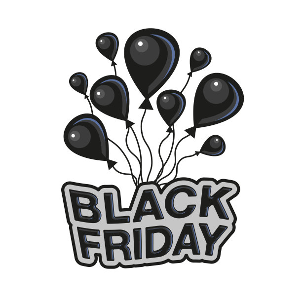 “黑色星期五”标签。黑色的气球和文字黑色星期五在一个平坦的风格在白色的背景。图片下载