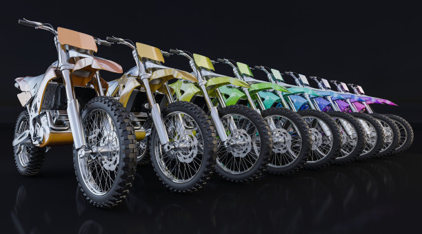 越野摩托车排成一排，多种颜色图片下载