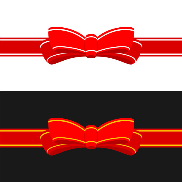 带红色蝴蝶结的礼物丝带。水平缎带装饰孤立在白色和黑色背景。图片下载