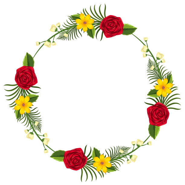 圆形边框模板与黄色和红色的花图片下载