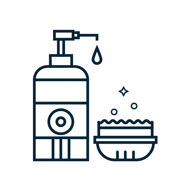 用手将洗碗液和海绵放入容器内。瓶子与洗涤剂洗涤和洗涤器矢量线插图。房子，厨房，浴室整洁的概念在线性风格。图片下载