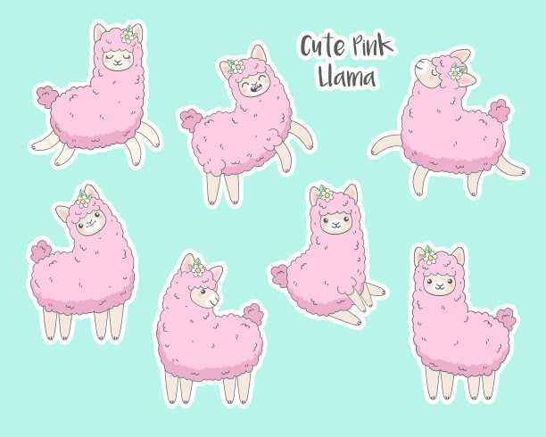 可爱的粉红色毛茸茸的美洲驼(羊驼)套装。图片下载