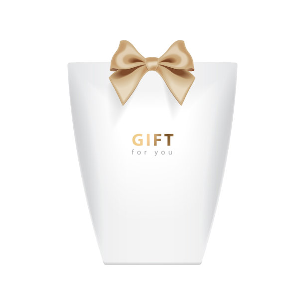 礼物盒模板。向量现实白色包模型与金色弓图片下载