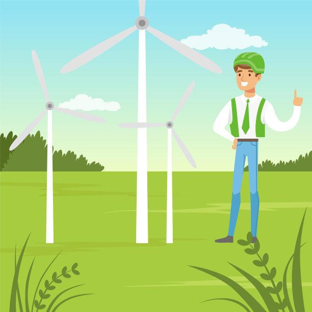 男人和风车背景下的替代能源插画图片下载