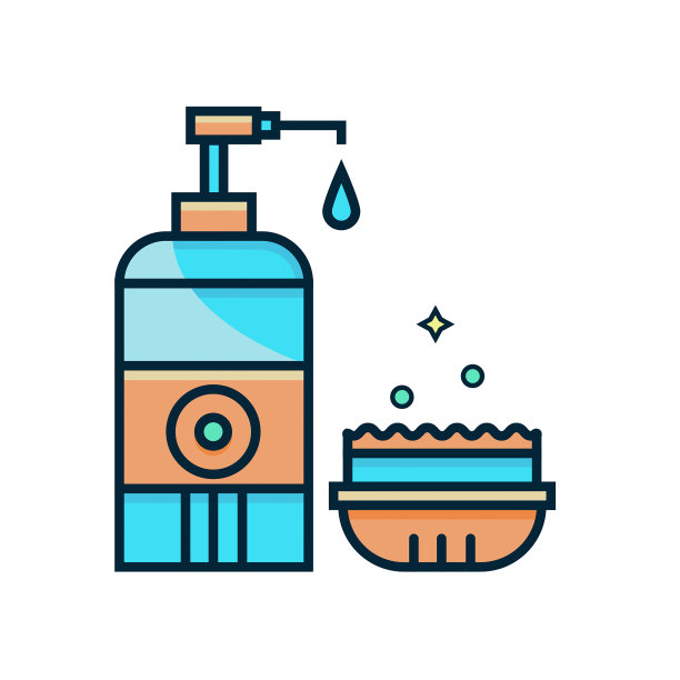 用手将洗洁精和海绵放入容器内。图片下载