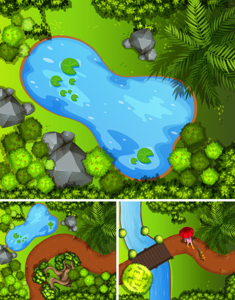 有池塘和树木的三个公园场景图片下载