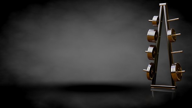 一个金色的健身房设备在黑暗的背景上的3d渲染图片下载