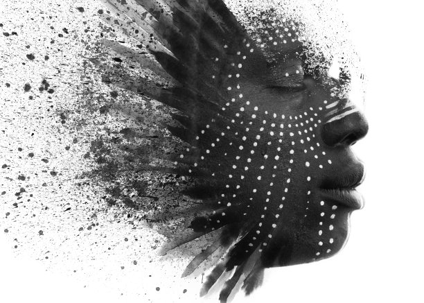 Paintography。沉思的非洲人结合惊人的双重曝光艺术技术和手绘绘画给一个爆炸性的分层效果图片下载
