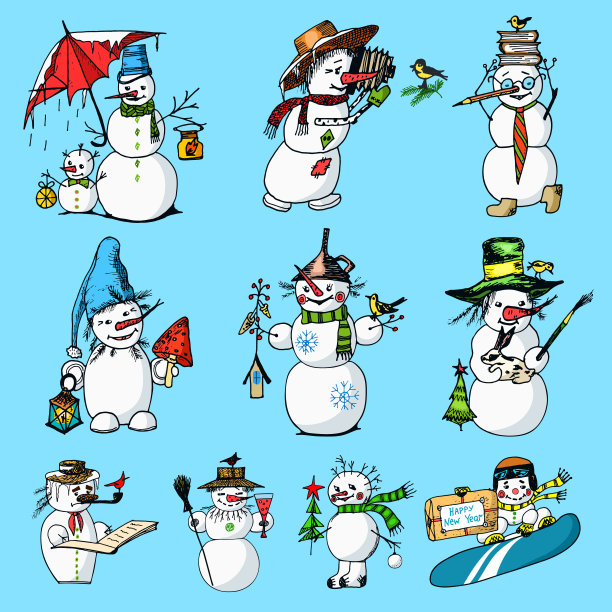 穿上不同节日服装的雪人。有天赋的摄影师和艺术家。手工雕刻的旧素描和复古风格的标签和明信片。圣诞节或新年的装饰品图片下载
