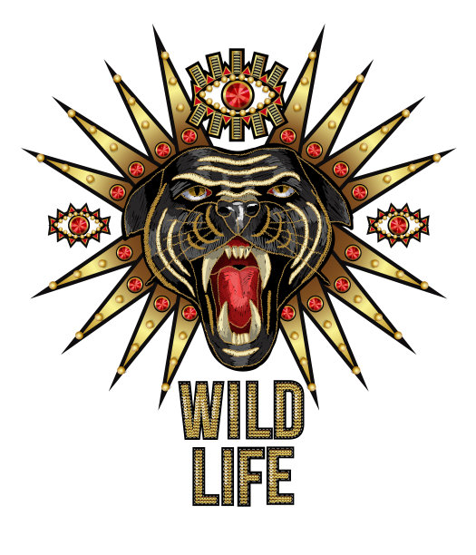 黑豹，眼睛在一个金色的背景刺绣贴片与亮片和珠子的纺织设计。图片下载