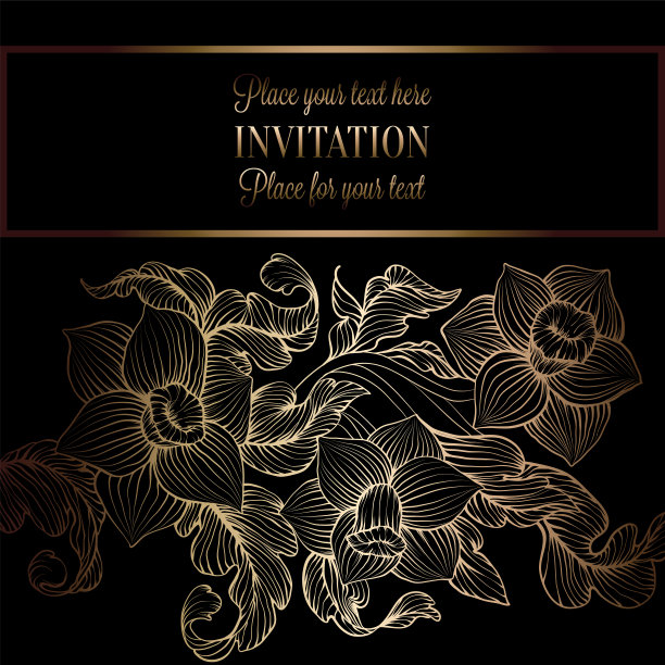 花卉背景与古董，豪华的黑色和金色古董框架，维多利亚旗帜，水仙墙纸装饰，邀请卡，巴洛克风格小册子，时尚图案，模板设计图片下载