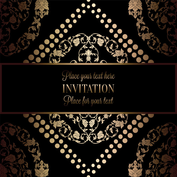 抽象的背景与古董，豪华的黑色和金色古董框架，维多利亚旗帜，缎花墙纸装饰品，邀请卡，巴洛克风格小册子，时尚图案，模板设计图片下载