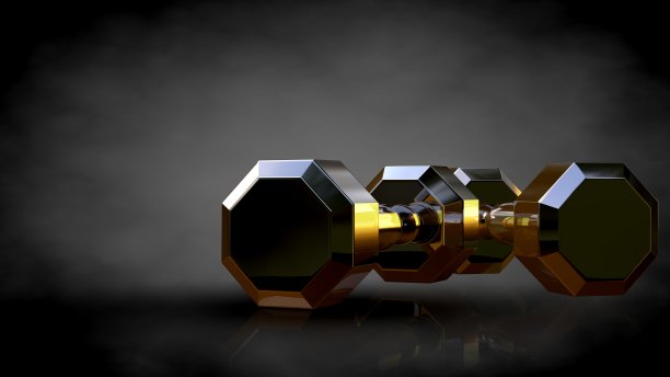 一个金色的健身房设备在黑暗的背景上的3d渲染图片下载