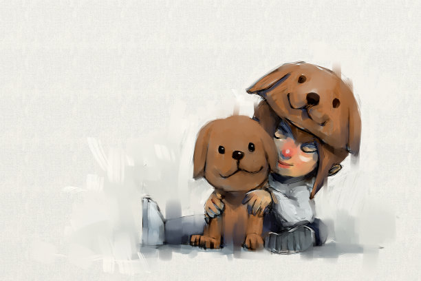 数字绘画一套女孩在小狗帽子与她的狗，丙烯酸在画布纹理，讲故事的插图素材图片