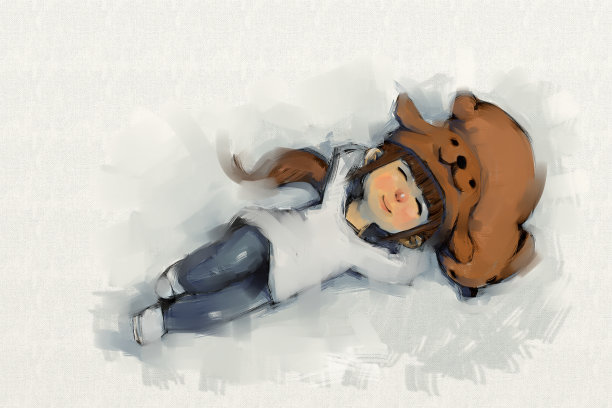 数字绘画一套女孩在小狗帽子与她的狗，丙烯酸在画布纹理，讲故事的插图素材图片