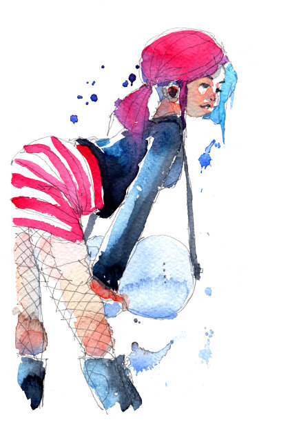 水彩画插画酷摇滚明星女孩与电子贝斯吉他，传统艺术品扫描图片下载