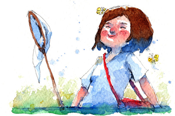 水彩画插画集的女孩在一个领域与昆虫网，传统艺术品扫描素材图片