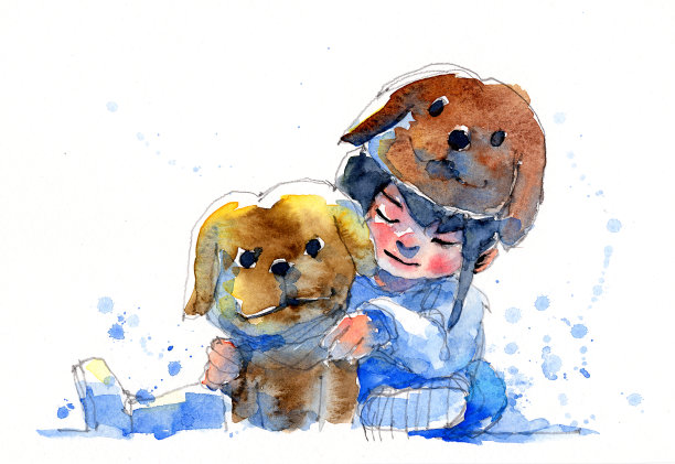 水彩画插图的女孩在小狗帽子素材图片