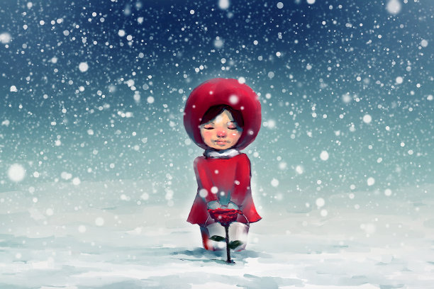 女孩跪在白雪覆盖的公园，看着红玫瑰图片下载