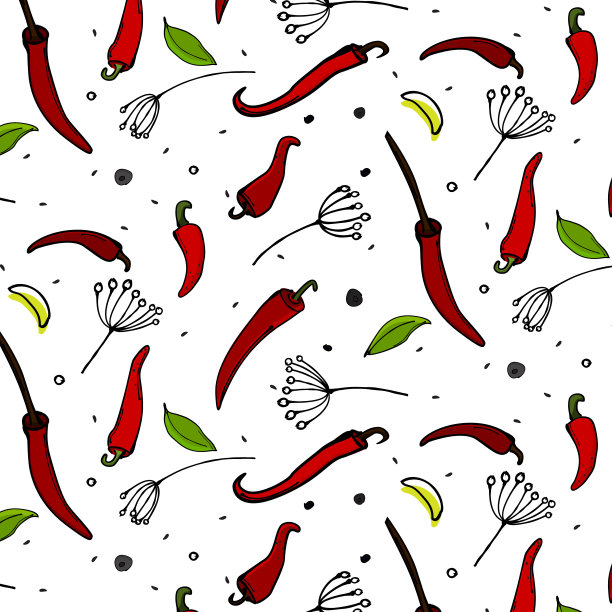 矢量厨房辣椒风味质地与茴香和叶子。凉爽可口的辣椒粉，辣椒蔬菜。麻辣可口的台布盖。烹饪墨西哥调味香印。图片下载