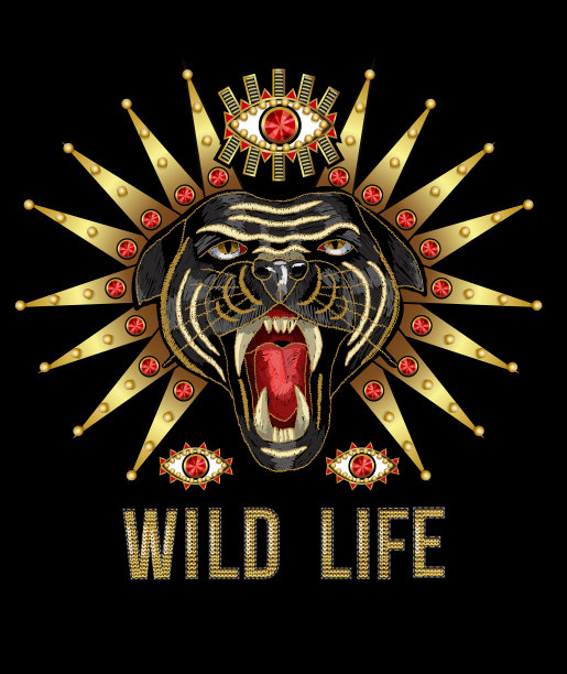 黑豹，眼睛在一个金色的背景刺绣贴片与亮片和珠子的纺织设计。图片下载