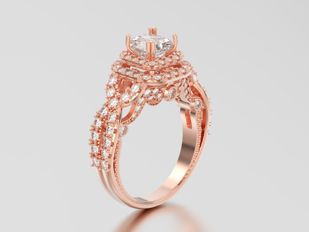 3D插图玫瑰金优雅的钻石装饰戒指与阴影和反射图片下载